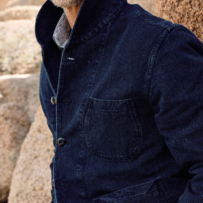 Rivay Cliff Indigo Dobby Shawl Jacket in Dark Wash