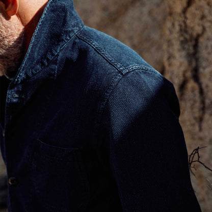 Rivay Cliff Indigo Dobby Shawl Jacket in Dark Wash