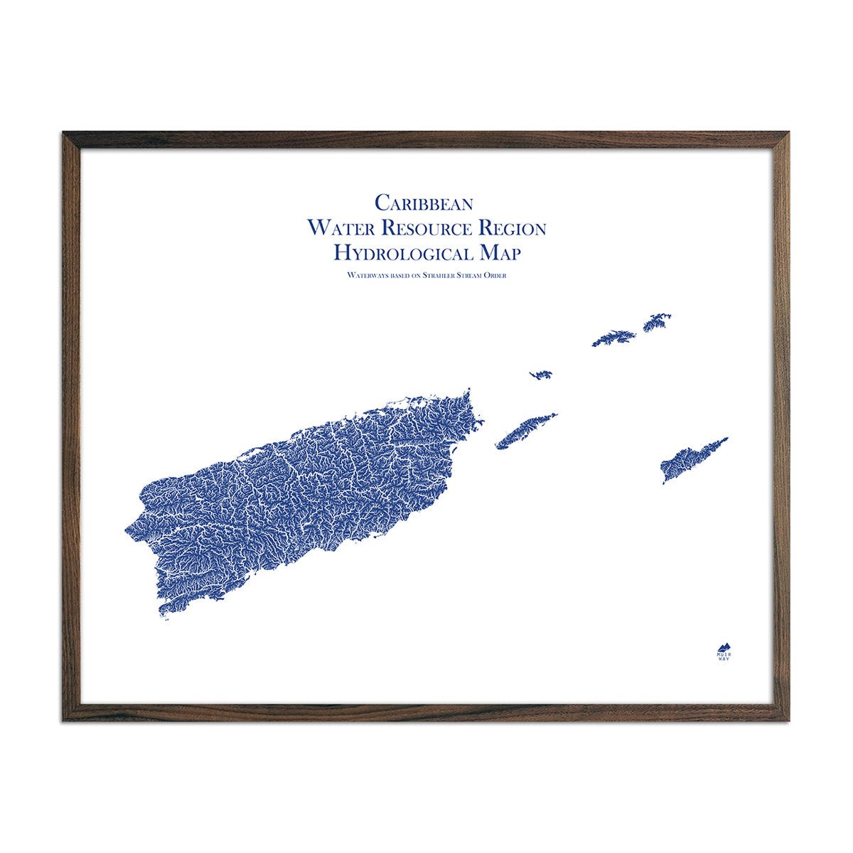 Caribbean Regional Hydrological Map Blue w Walnut Frame