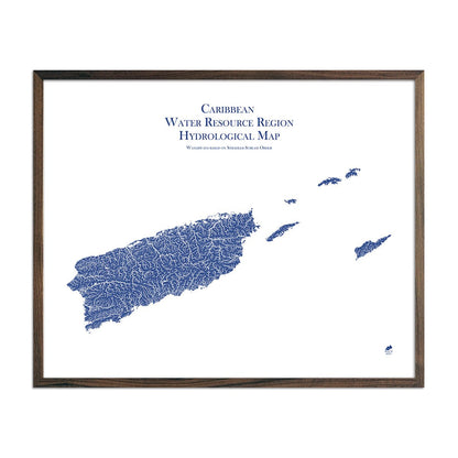 Caribbean Regional Hydrological Map Blue w Walnut Frame