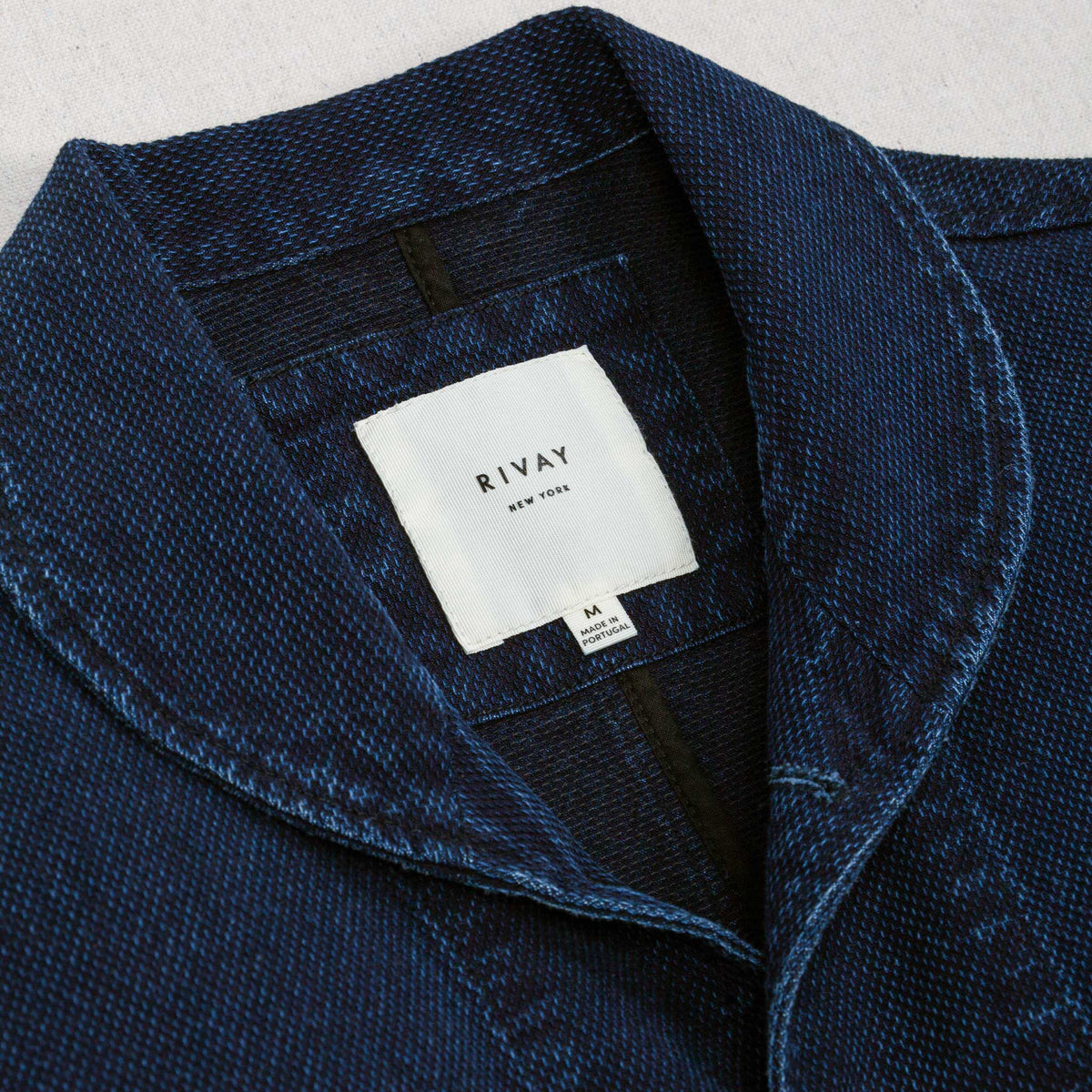 Rivay Cliff Indigo Dobby Shawl Jacket in Dark Wash