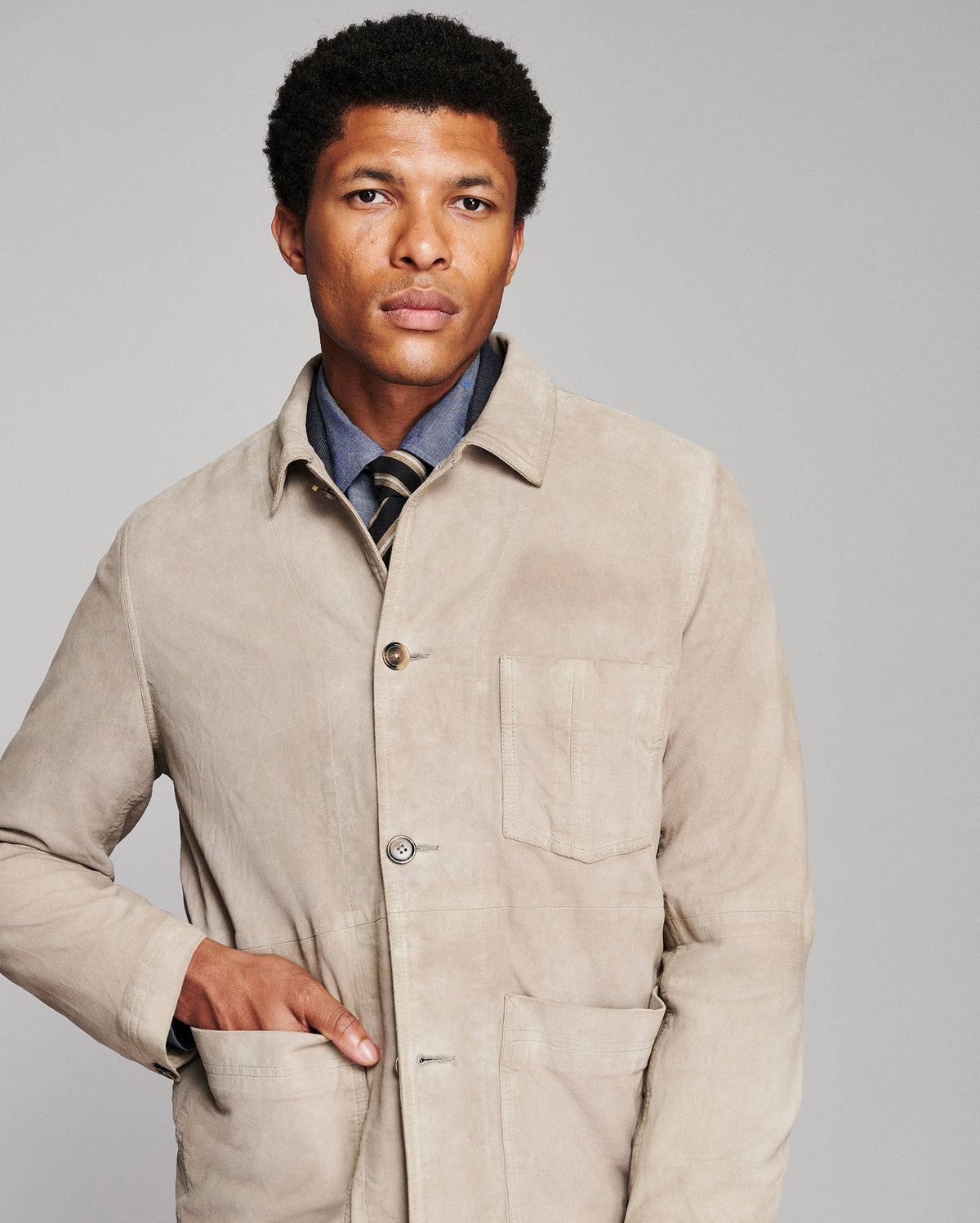 Billy Reid Colbert Waxed Suede Chore Coat In Grey