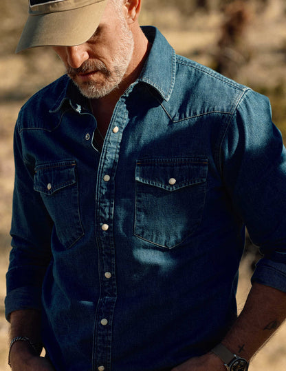 Rivay Ennis Selvedge Denim Western Shirt in Medium Wash