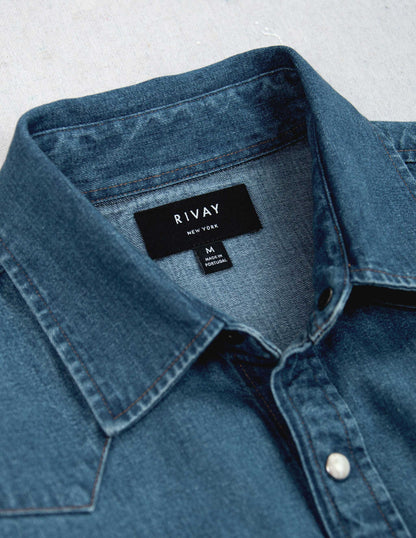 Rivay Ennis Selvedge Denim Western Shirt in Medium Wash
