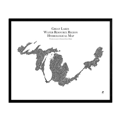 Great Lake Regional Hydrological Map Black w Black Frame