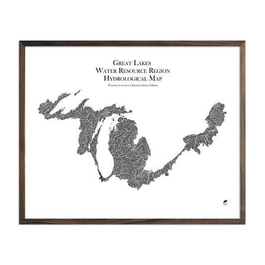 Great Lake Regional Hydrological Map Black w Walnut Frame