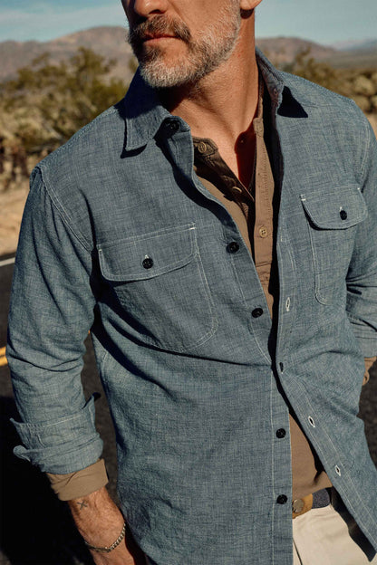 Rivay Hawker Indigo End-on-End Camp Shirt in Medium Wash
