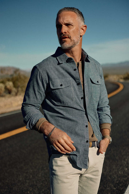 Rivay Hawker Indigo End-on-End Camp Shirt in Medium Wash
