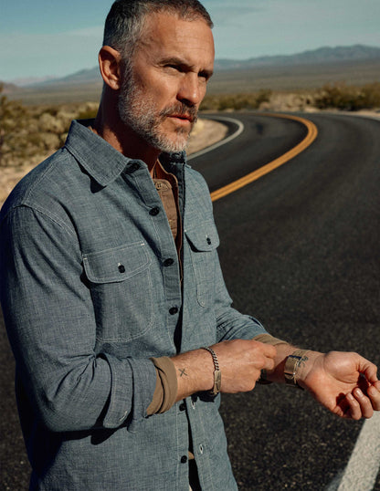 Rivay Hawker Indigo End-on-End Camp Shirt in Medium Wash