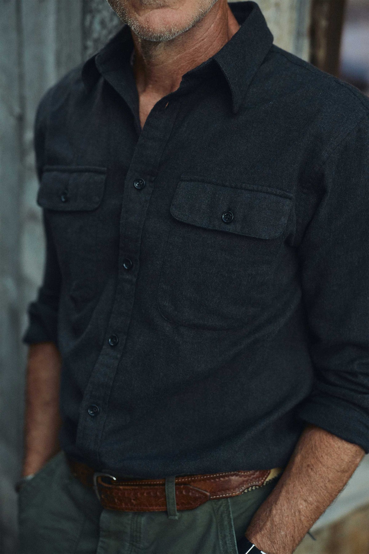 Rivay Miles Brushed Flannel Camp Shirt in Dark Brown