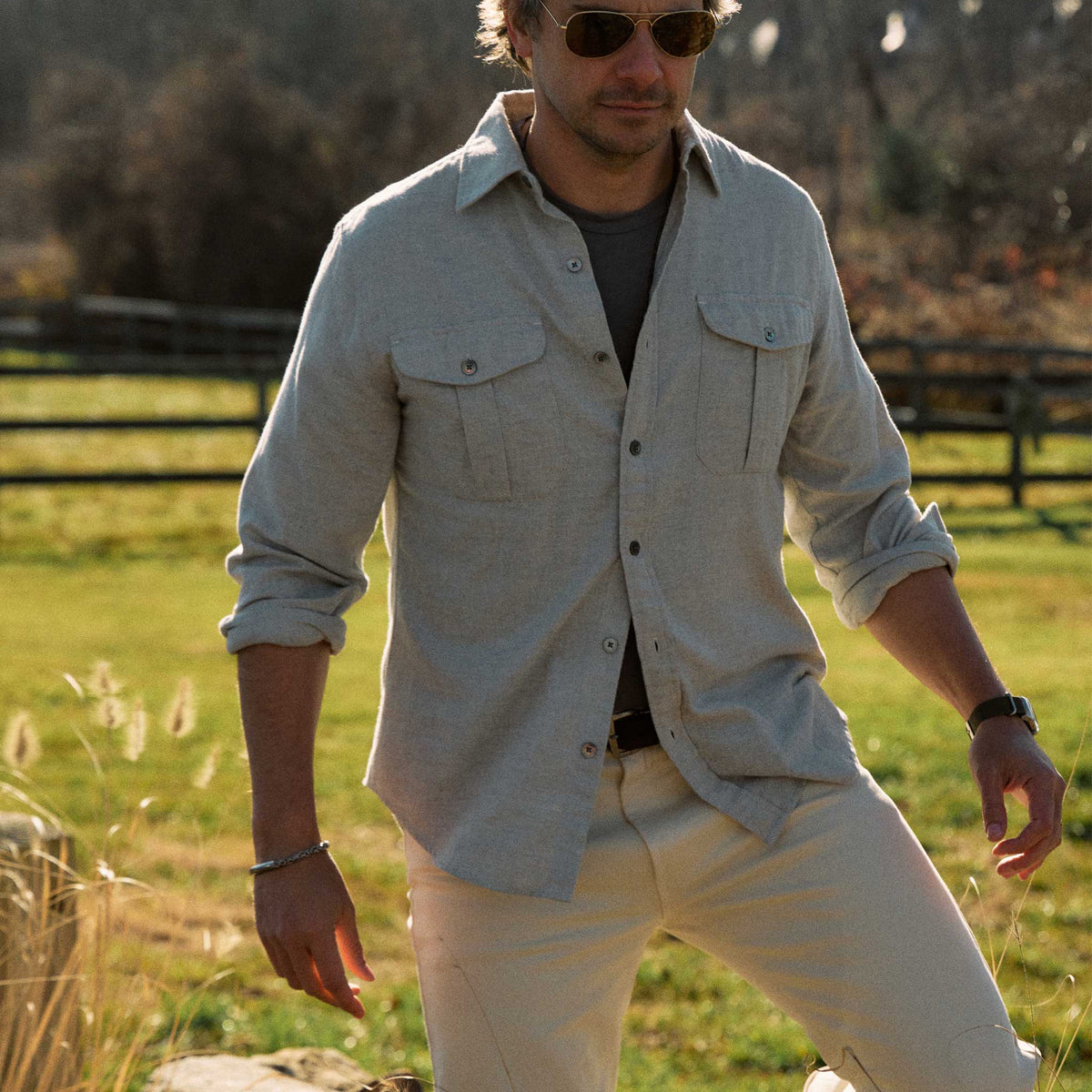 Rivay Cortina Brushed Cotton Camp Shirt in Light Grey