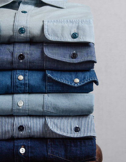 Rivay Hawker Indigo End-on-End Camp Shirt in Medium Wash