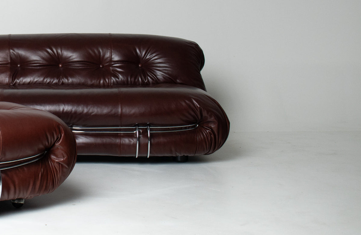 Soriana Love Seat Sofa and Ottoman in New Leather by Afra & Tobia Scarpa for Cassina
