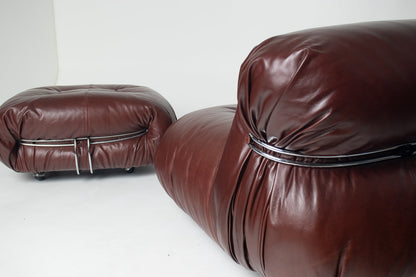 Soriana Love Seat Sofa and Ottoman in New Leather by Afra & Tobia Scarpa for Cassina