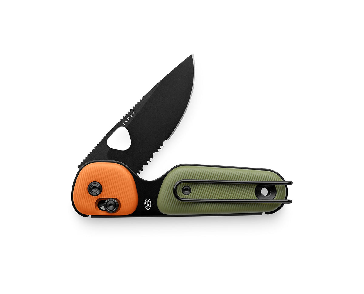 James Brand Redstone Knife OD Green Orange + Black Serrated