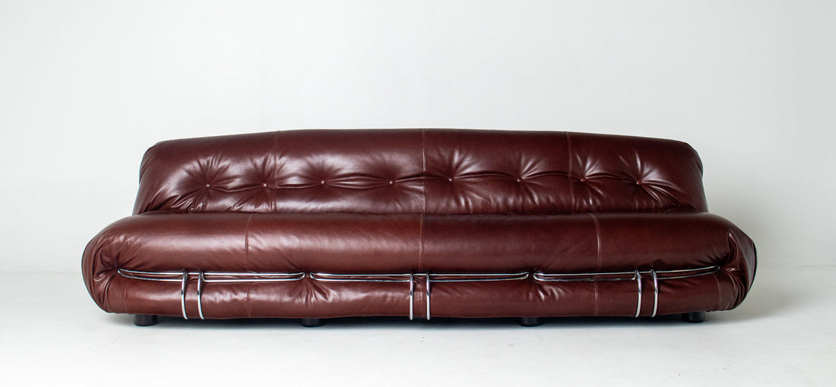 Afra & Tobia Scarpa for Cassina “Soriana” Four-Seat Sofa & Ottoman in New Burgandy Leather