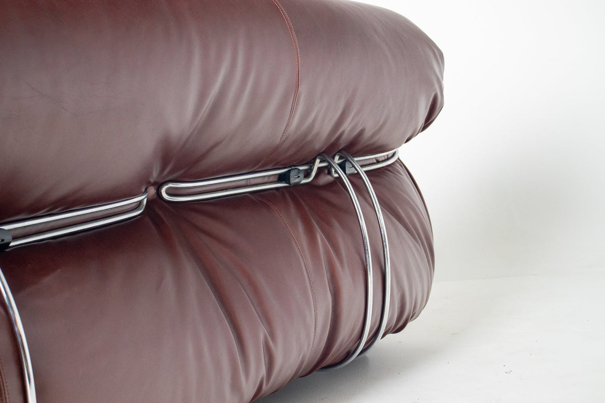 Afra & Tobia Scarpa for Cassina “Soriana” Four-Seat Sofa & Ottoman in New Burgandy Leather