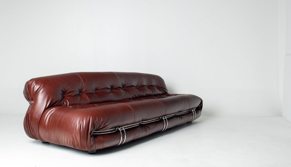 Afra & Tobia Scarpa for Cassina “Soriana” Four-Seat Sofa & Ottoman in New Burgandy Leather