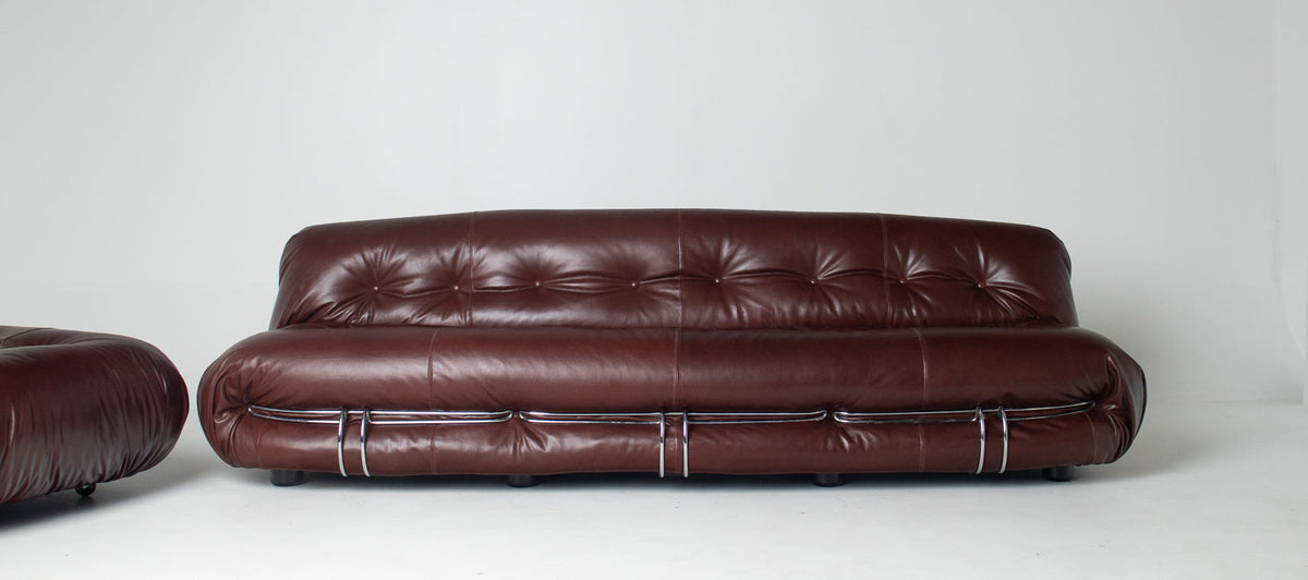 Afra & Tobia Scarpa for Cassina “Soriana” Four-Seat Sofa & Ottoman in New Burgandy Leather