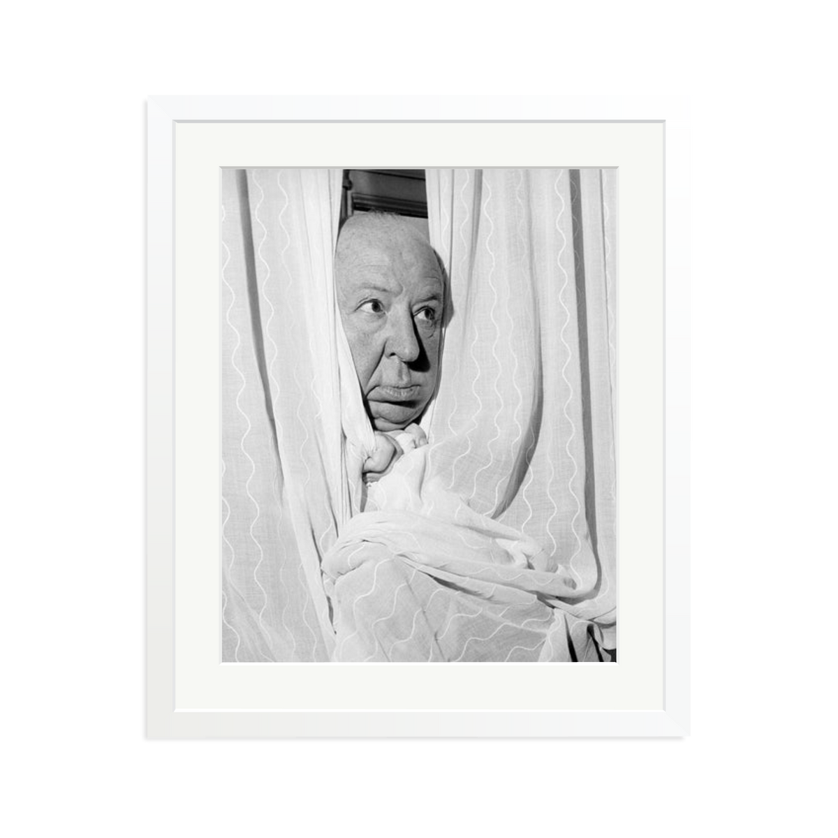Alfred Hitchcock at the Claridges Hotel Framed Print White Large