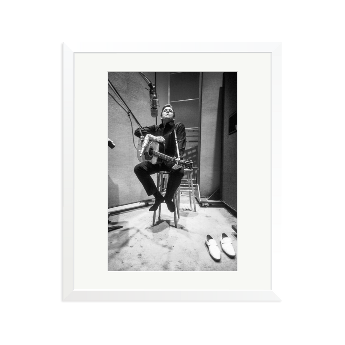 Johnny Cash in the Studio Framed Print White Large
