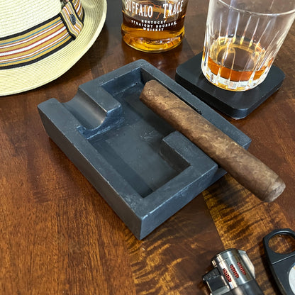 Solid Black Marbled Double Cigar Ashtray