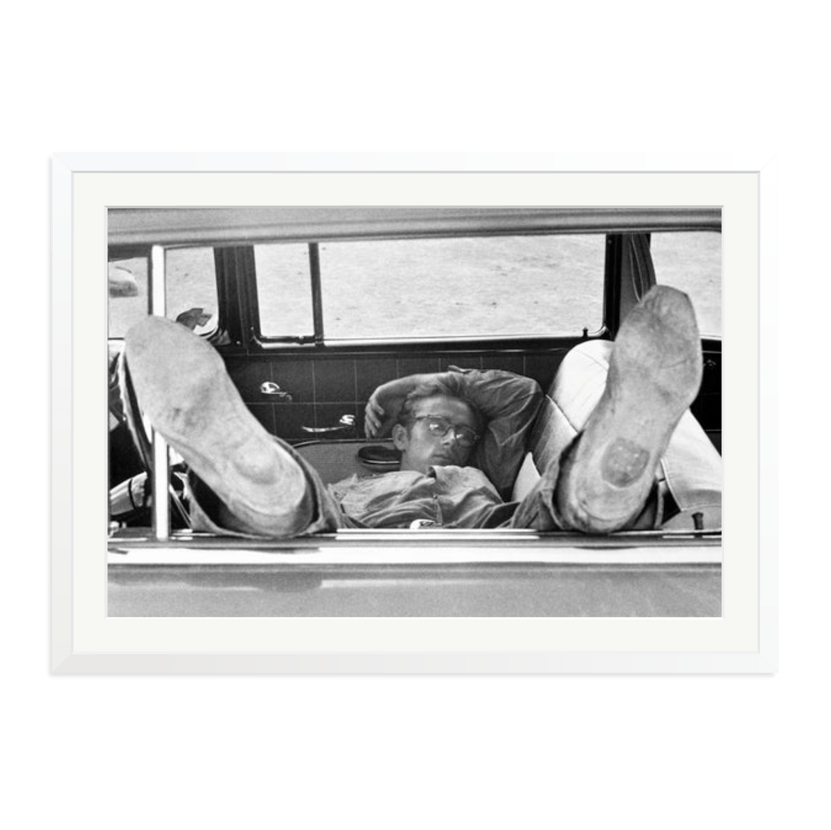 James Dean 'Chilling in The Car' Framed Print White XXL
