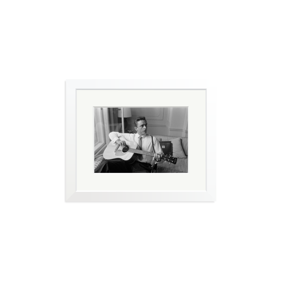 Johnny Cash at the Savoy Hotel Framed Print White Small
