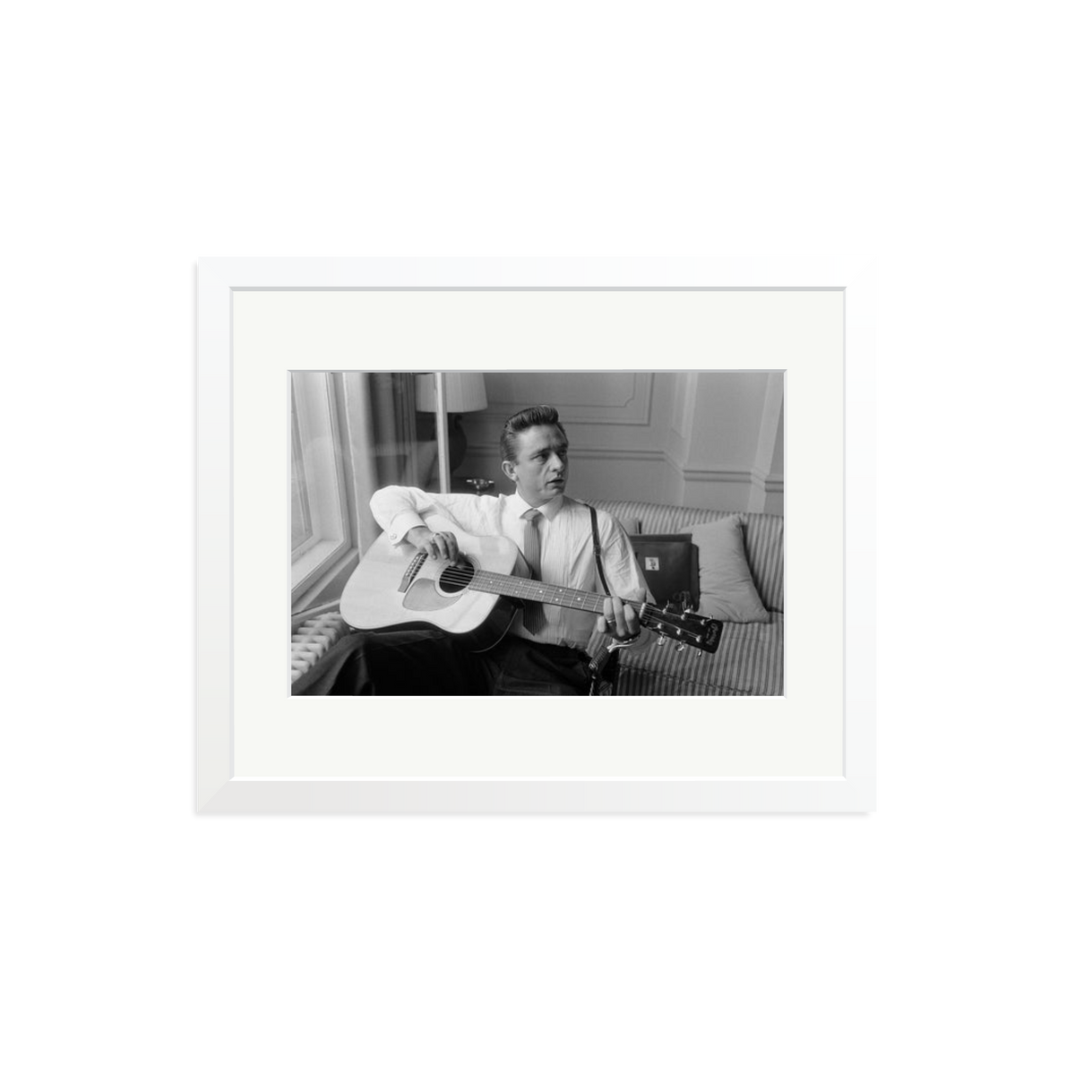Johnny Cash at the Savoy Hotel Framed Print White Medium