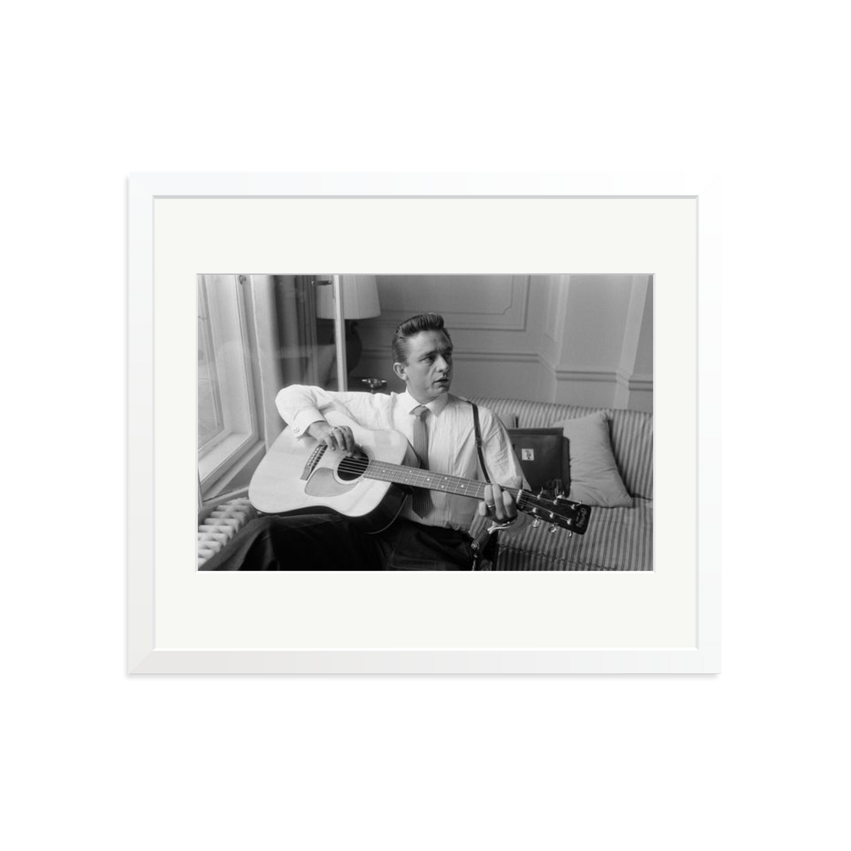 Johnny Cash at the Savoy Hotel Framed Print White Large