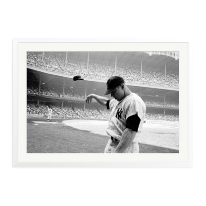 Mickey Mantle Helmet Fling Framed Print White XXL