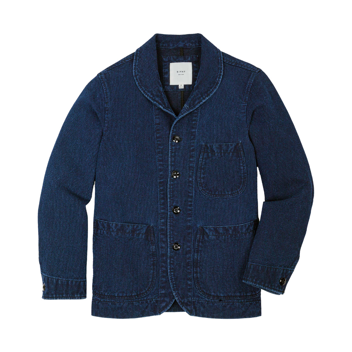Rivay Cliff Indigo Dobby Shawl Jacket in Dark Wash Dark Wash