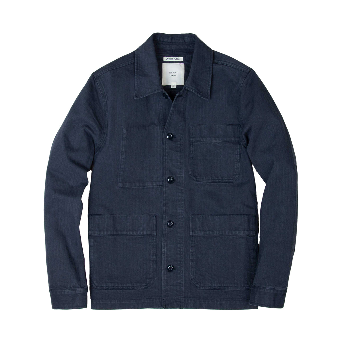 Rivay Japanese Cotton Herringbone Chore Jacket in Navy Navy