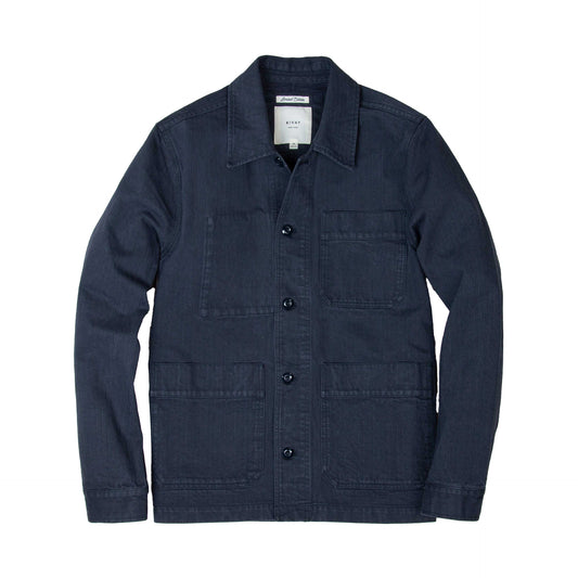 Rivay Japanese Cotton Herringbone Chore Jacket in Navy Navy