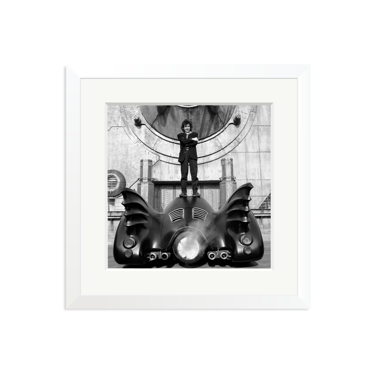 Tim Burton on The Batmobile Framed Print White Medium