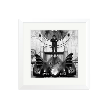 Tim Burton on The Batmobile Framed Print White Medium