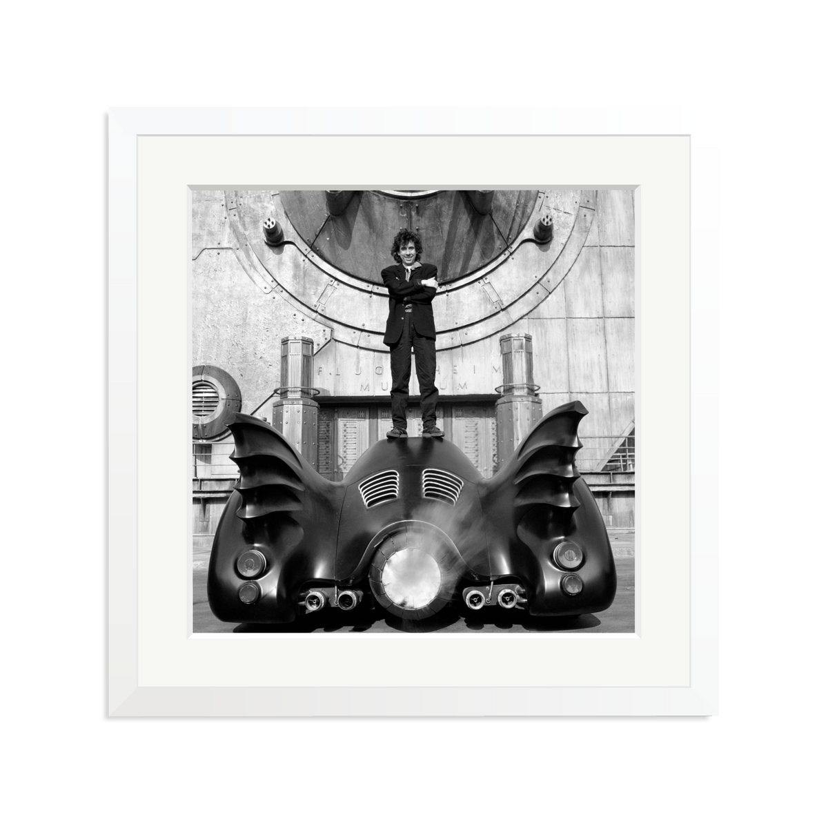Tim Burton on The Batmobile Framed Print White Large