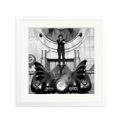 Tim Burton on The Batmobile Framed Print White Large