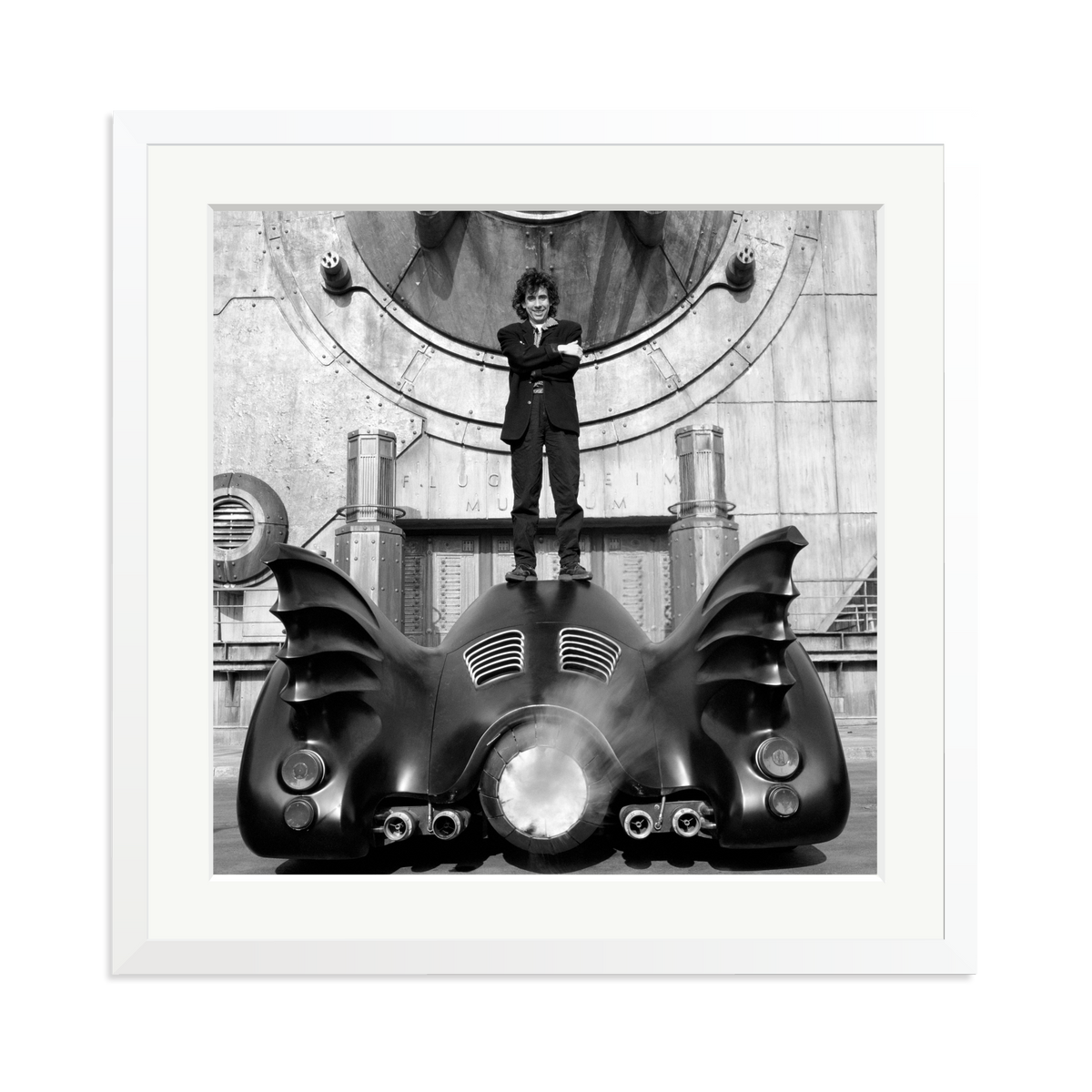 Tim Burton on The Batmobile Framed Print White XL