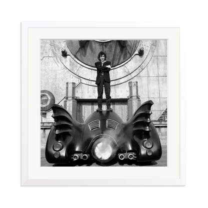 Tim Burton on The Batmobile Framed Print White XL