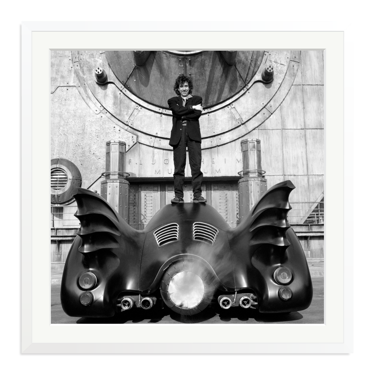 Tim Burton on The Batmobile Framed Print White XXL