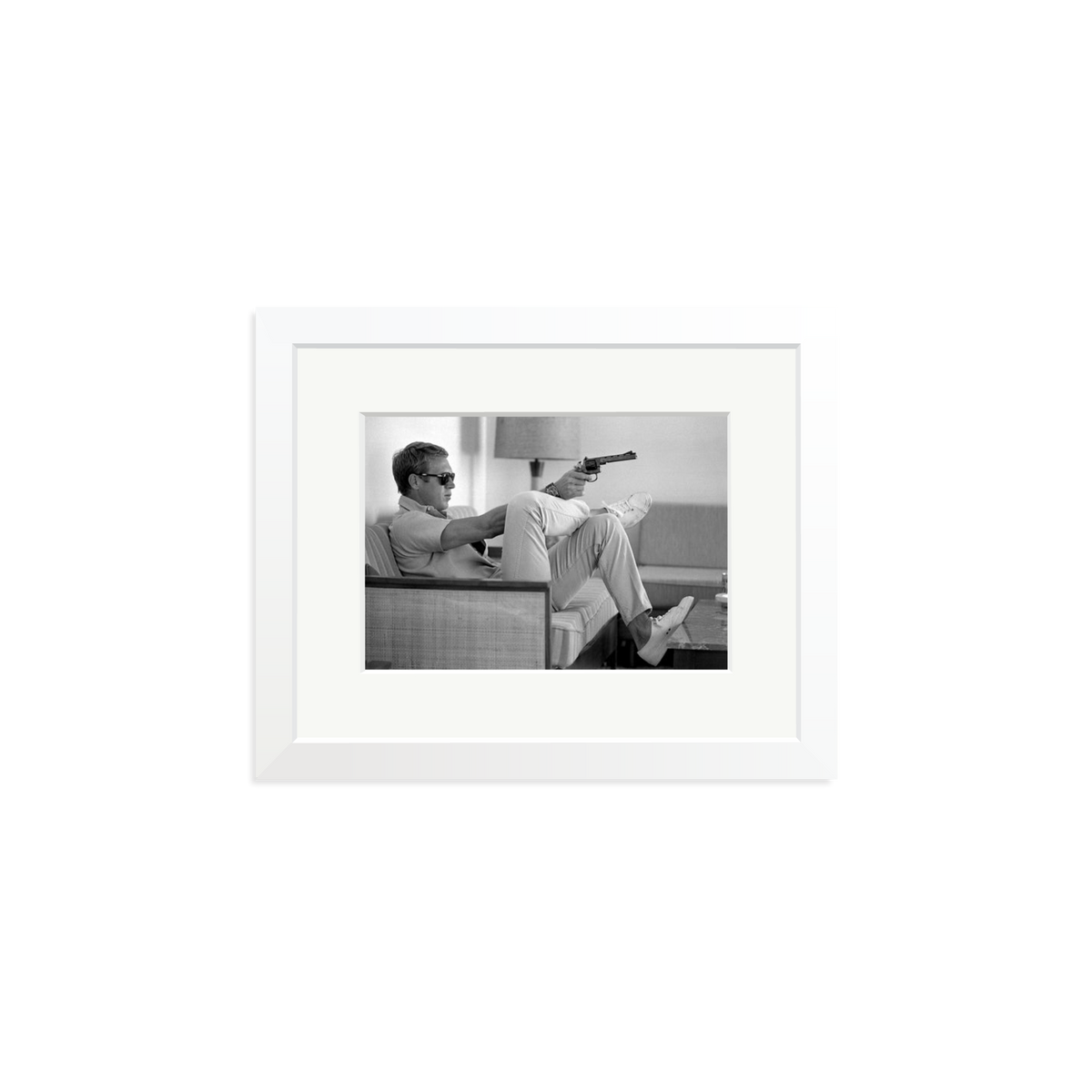 Steve McQueen Aims a Pistol Framed Print White Small