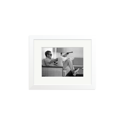 Steve McQueen Aims a Pistol Framed Print White Small
