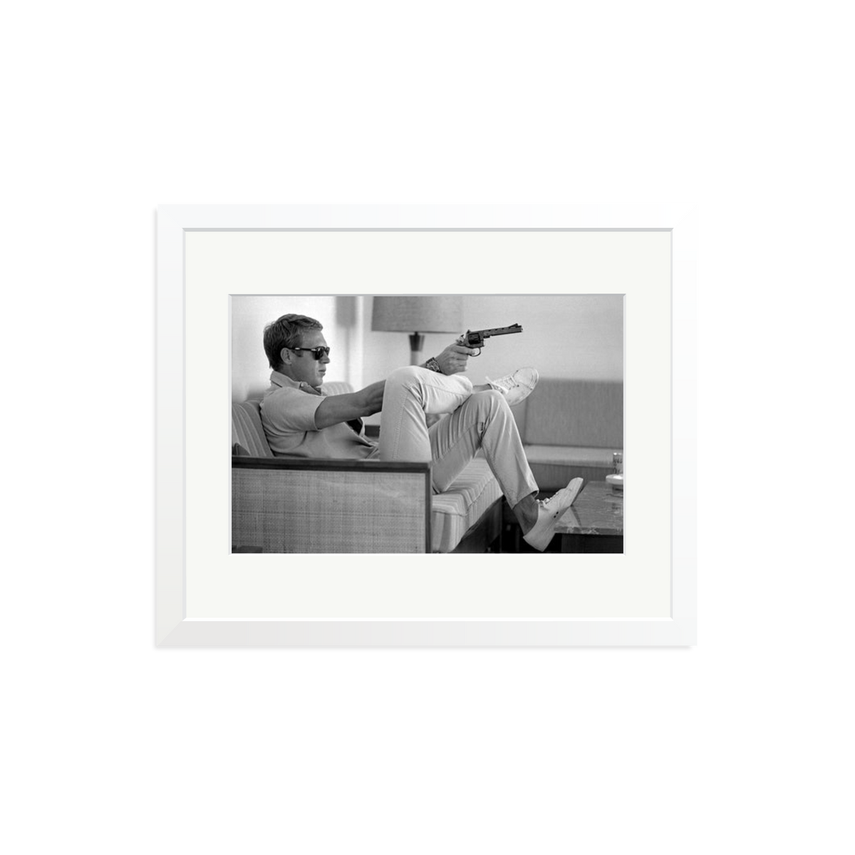 Steve McQueen Aims a Pistol Framed Print White Medium