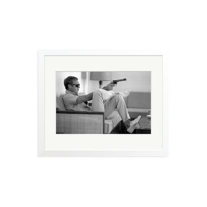 Steve McQueen Aims a Pistol Framed Print White Medium