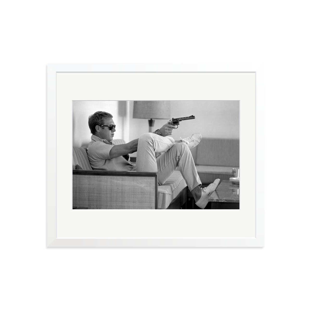 Steve McQueen Aims a Pistol Framed Print White Large
