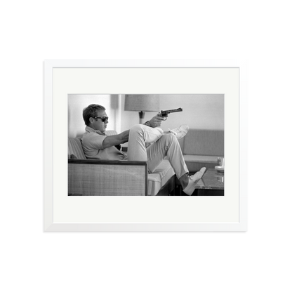 Steve McQueen Aims a Pistol Framed Print White Large