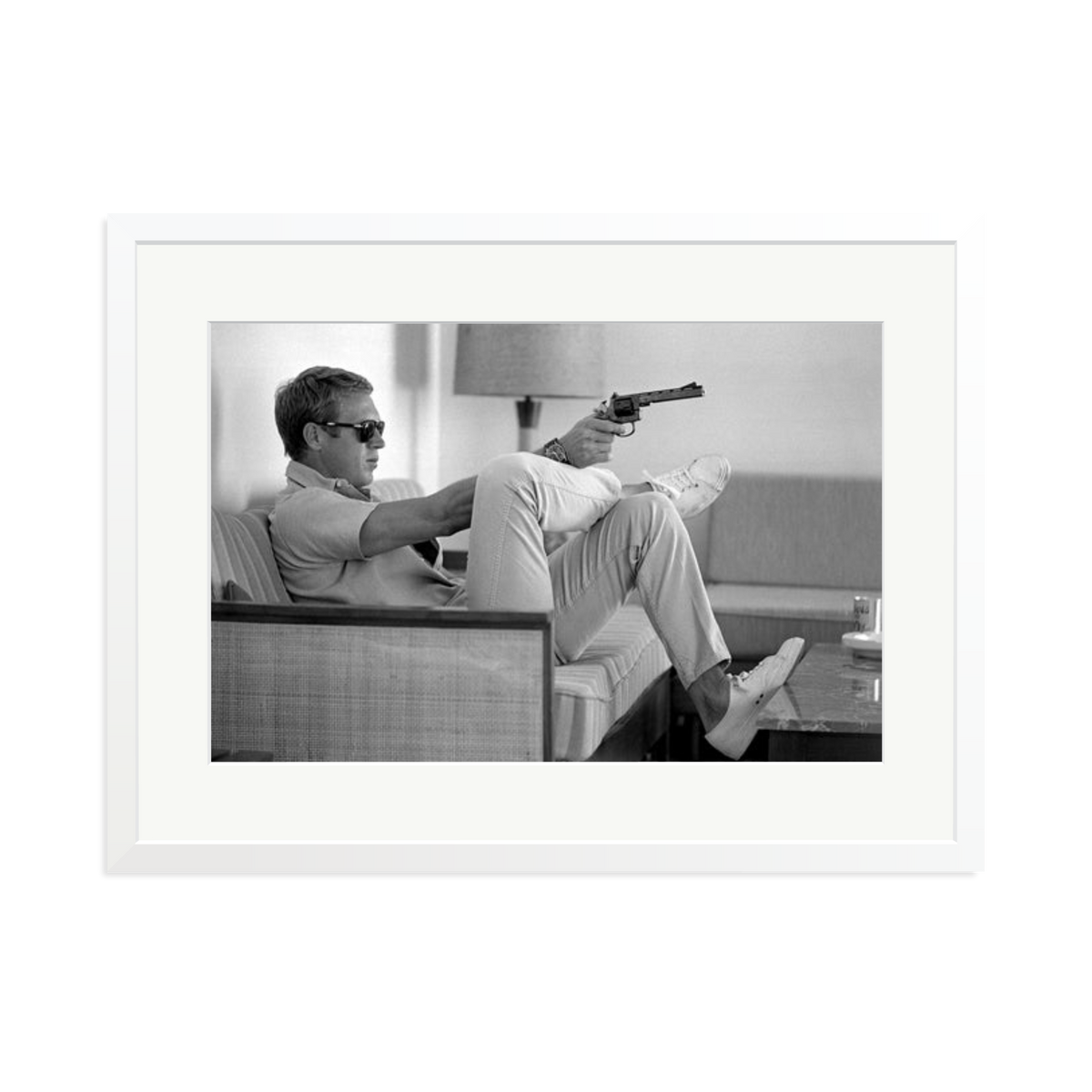 Steve McQueen Aims a Pistol Framed Print White XL