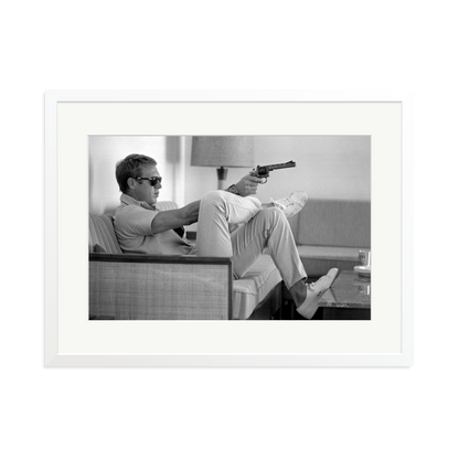 Steve McQueen Aims a Pistol Framed Print White XL