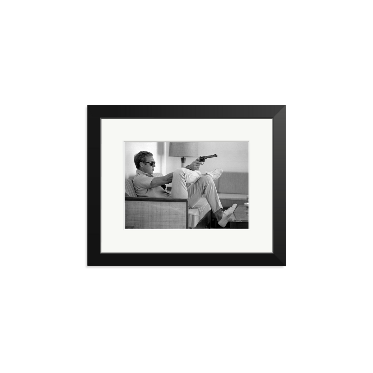 Steve McQueen Aims a Pistol Framed Print Black Small